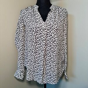 Rebecca Taylor Leopard Print Silk V Neck Long‎ Sleeve Blouse Women's Size 2